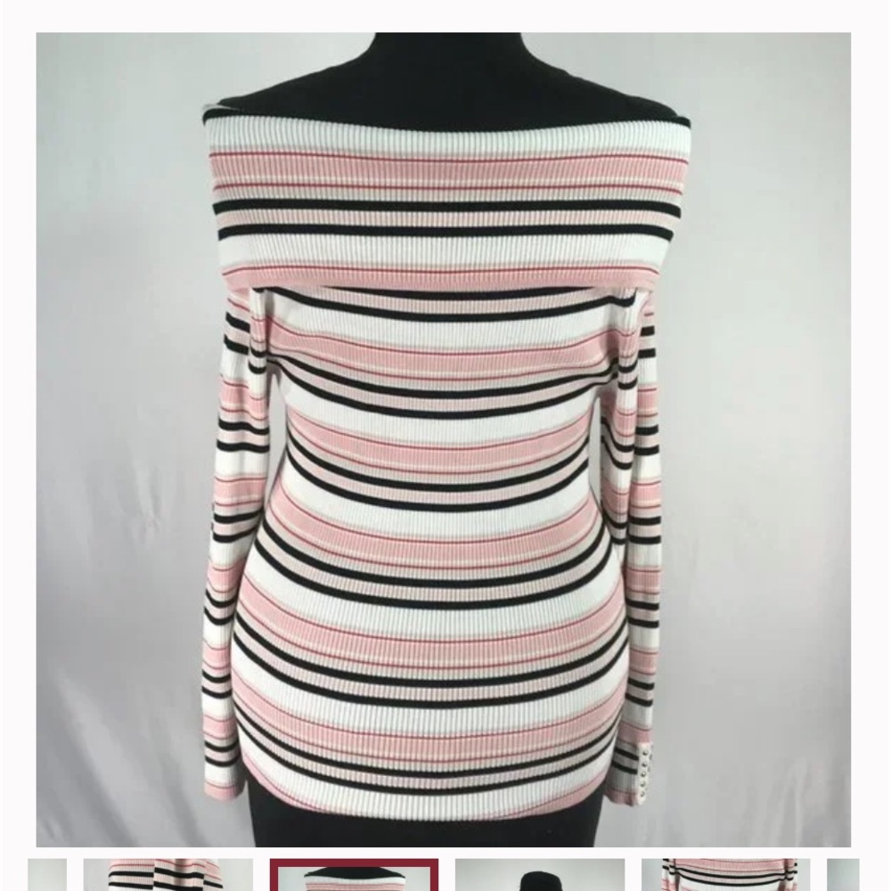 NWT White House Black Market Pink Striped Off The Shoulder Sweater Medium Petite